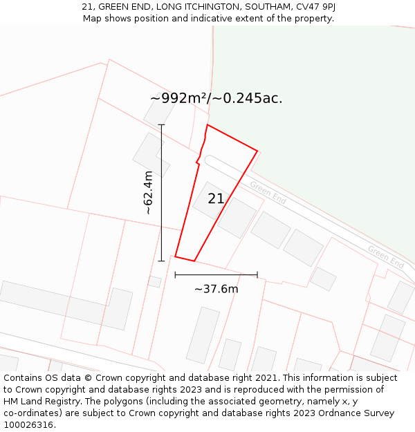 21, GREEN END, LONG ITCHINGTON, SOUTHAM, CV47 9PJ: Plot and title map