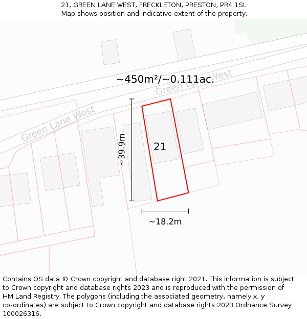 21, GREEN LANE WEST, FRECKLETON, PRESTON, PR4 1SL: Plot and title map