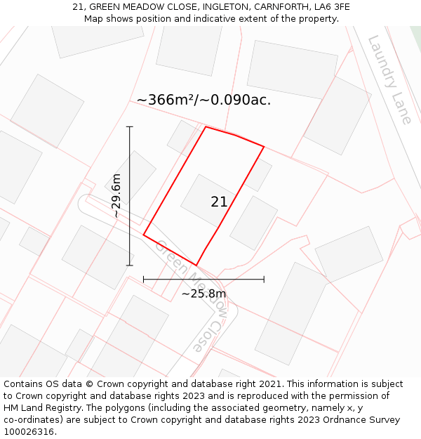 21, GREEN MEADOW CLOSE, INGLETON, CARNFORTH, LA6 3FE: Plot and title map