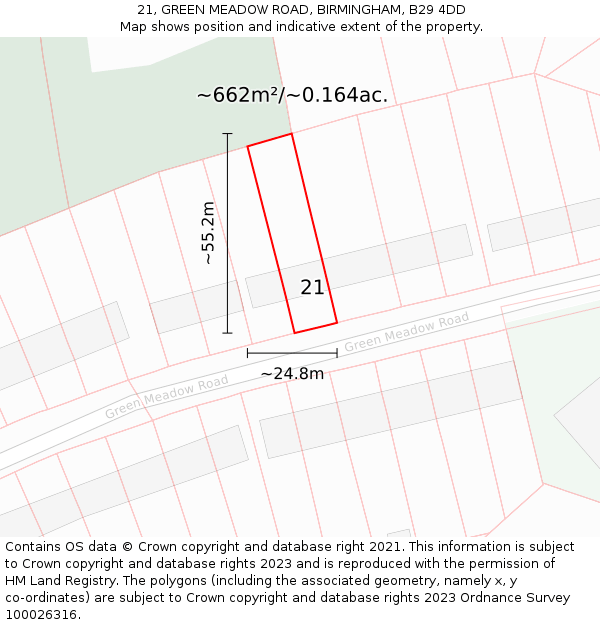 21, GREEN MEADOW ROAD, BIRMINGHAM, B29 4DD: Plot and title map