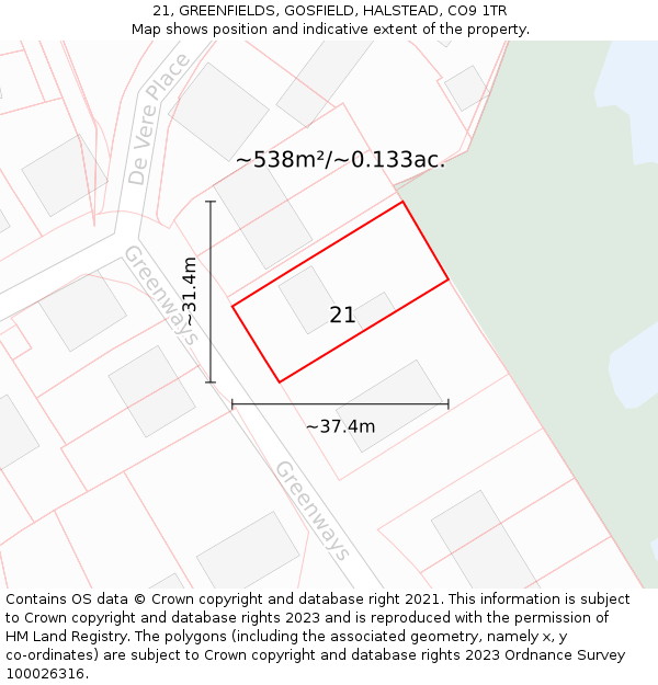 21, GREENFIELDS, GOSFIELD, HALSTEAD, CO9 1TR: Plot and title map