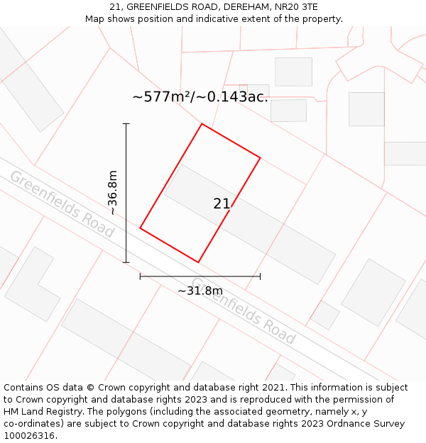 21, GREENFIELDS ROAD, DEREHAM, NR20 3TE: Plot and title map
