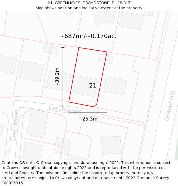 21, GREENHAYES, BROADSTONE, BH18 8LZ: Plot and title map