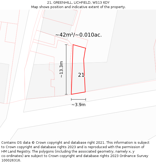 21, GREENHILL, LICHFIELD, WS13 6DY: Plot and title map
