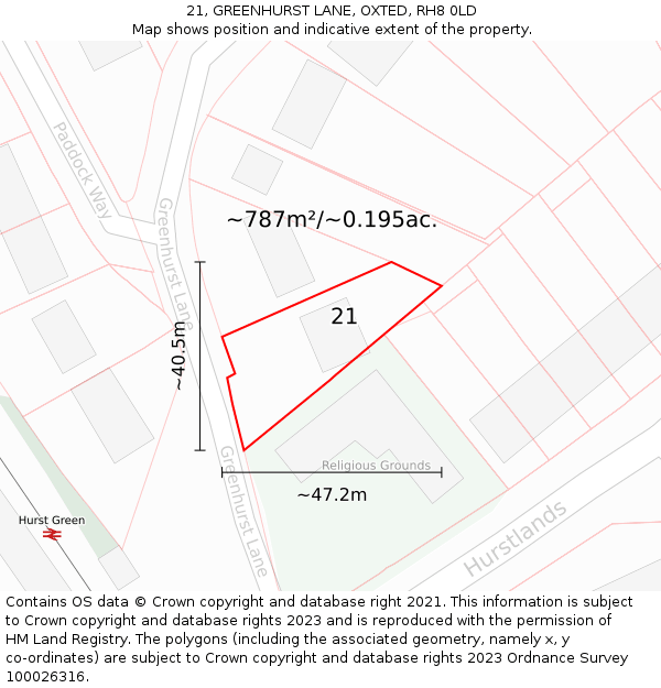 21, GREENHURST LANE, OXTED, RH8 0LD: Plot and title map