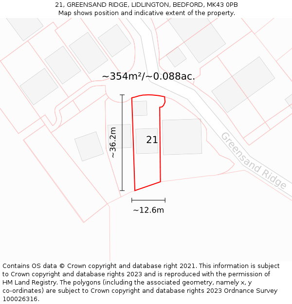 21, GREENSAND RIDGE, LIDLINGTON, BEDFORD, MK43 0PB: Plot and title map