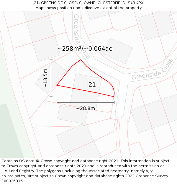 21, GREENSIDE CLOSE, CLOWNE, CHESTERFIELD, S43 4PX: Plot and title map