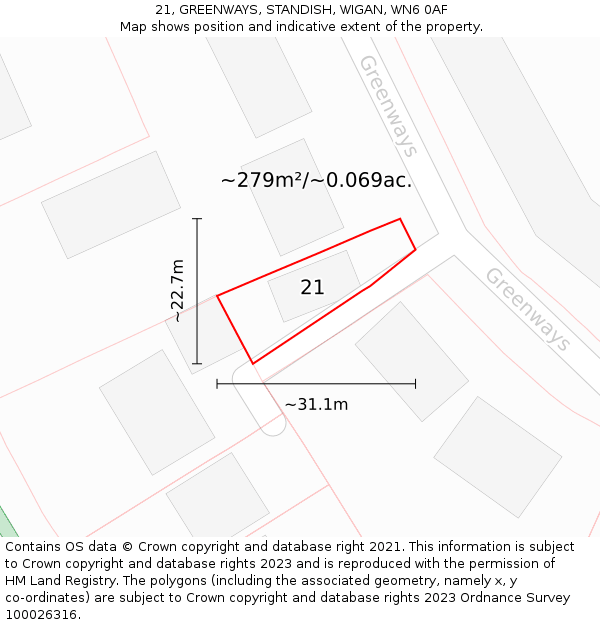 21, GREENWAYS, STANDISH, WIGAN, WN6 0AF: Plot and title map