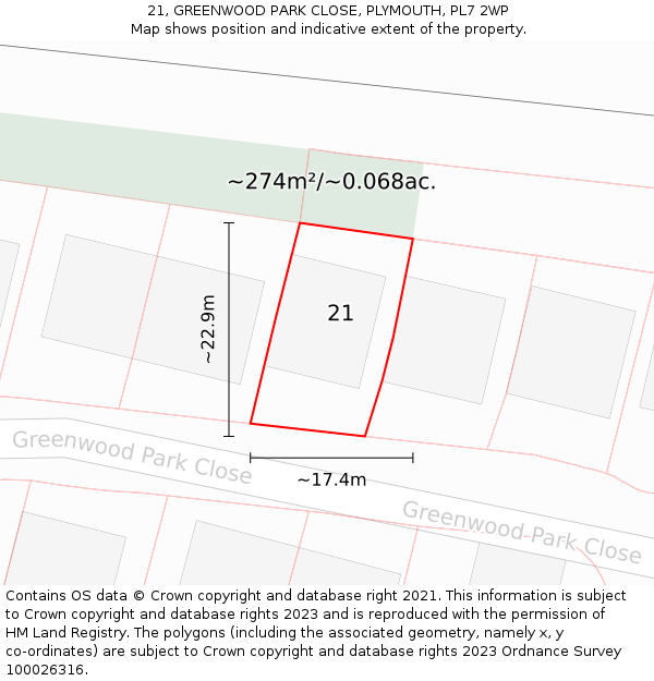 21, GREENWOOD PARK CLOSE, PLYMOUTH, PL7 2WP: Plot and title map