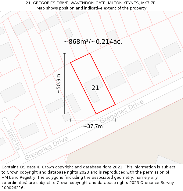 21, GREGORIES DRIVE, WAVENDON GATE, MILTON KEYNES, MK7 7RL: Plot and title map