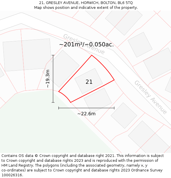 21, GRESLEY AVENUE, HORWICH, BOLTON, BL6 5TQ: Plot and title map