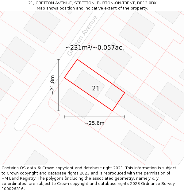 21, GRETTON AVENUE, STRETTON, BURTON-ON-TRENT, DE13 0BX: Plot and title map