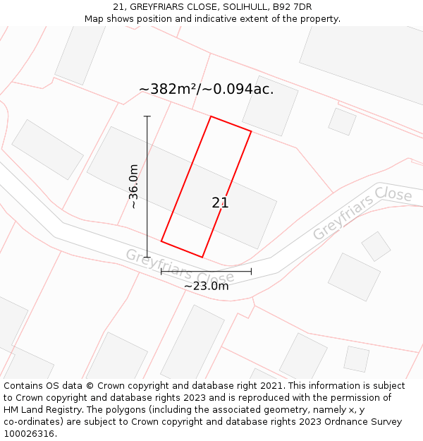 21, GREYFRIARS CLOSE, SOLIHULL, B92 7DR: Plot and title map