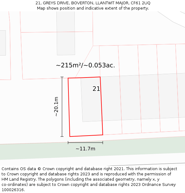 21, GREYS DRIVE, BOVERTON, LLANTWIT MAJOR, CF61 2UQ: Plot and title map