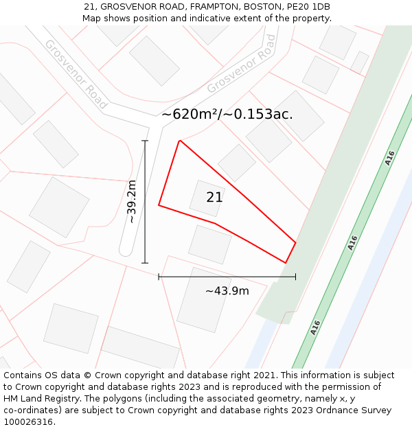 21, GROSVENOR ROAD, FRAMPTON, BOSTON, PE20 1DB: Plot and title map