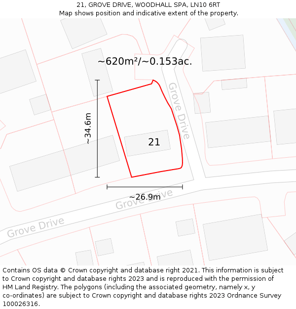 21, GROVE DRIVE, WOODHALL SPA, LN10 6RT: Plot and title map