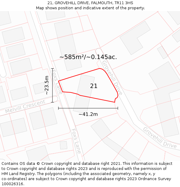 21, GROVEHILL DRIVE, FALMOUTH, TR11 3HS: Plot and title map