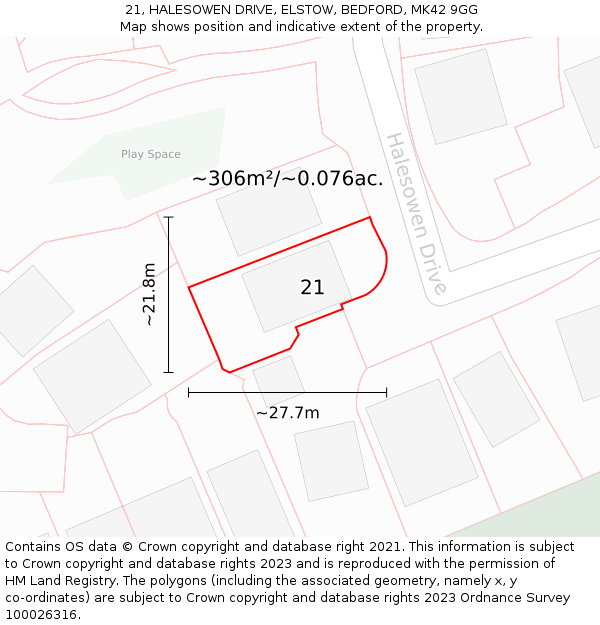 21, HALESOWEN DRIVE, ELSTOW, BEDFORD, MK42 9GG: Plot and title map