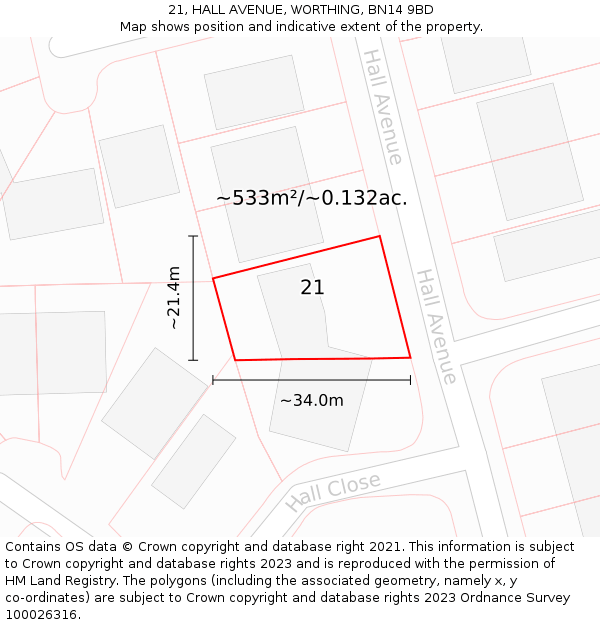 21, HALL AVENUE, WORTHING, BN14 9BD: Plot and title map