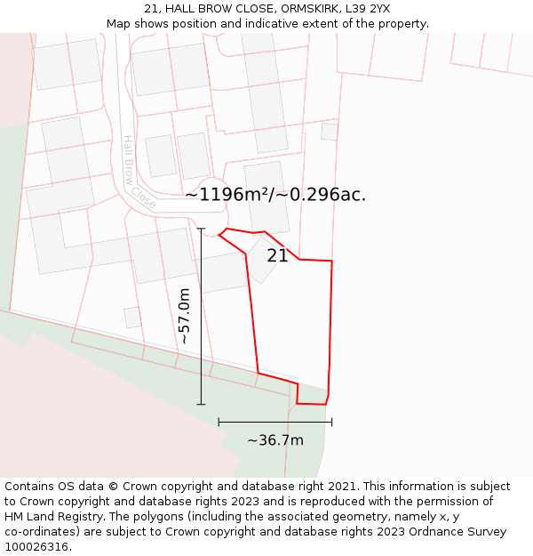 21, HALL BROW CLOSE, ORMSKIRK, L39 2YX: Plot and title map
