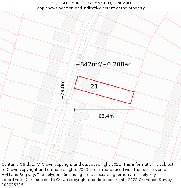 21, HALL PARK, BERKHAMSTED, HP4 2NU: Plot and title map