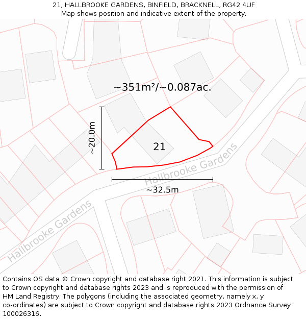 21, HALLBROOKE GARDENS, BINFIELD, BRACKNELL, RG42 4UF: Plot and title map