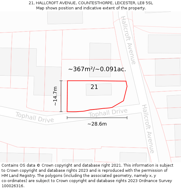 21, HALLCROFT AVENUE, COUNTESTHORPE, LEICESTER, LE8 5SL: Plot and title map