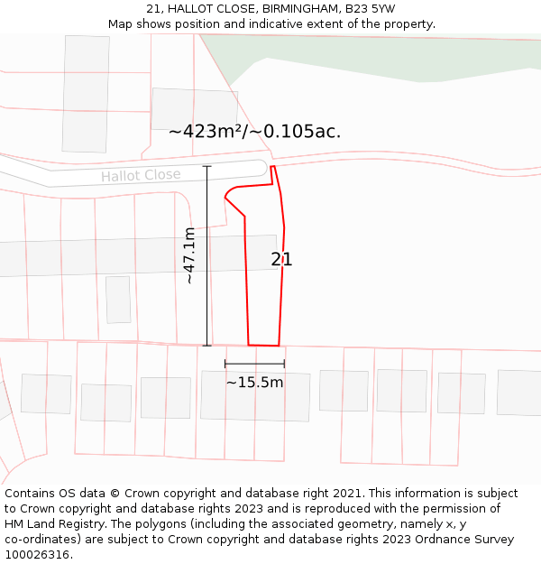 21, HALLOT CLOSE, BIRMINGHAM, B23 5YW: Plot and title map