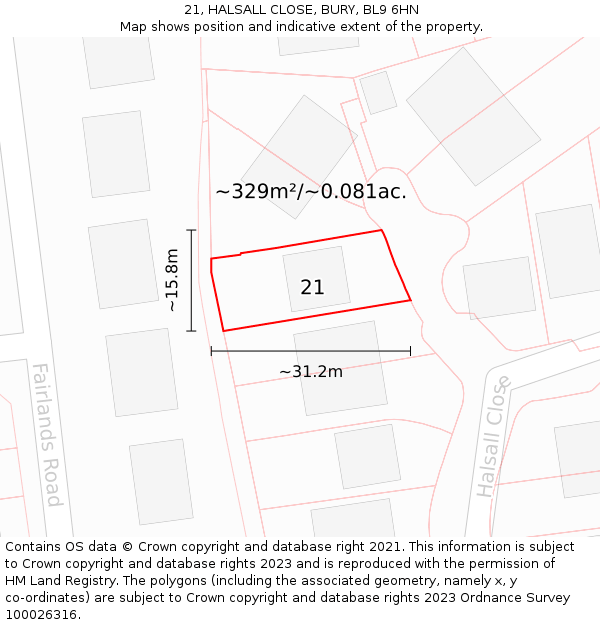 21, HALSALL CLOSE, BURY, BL9 6HN: Plot and title map