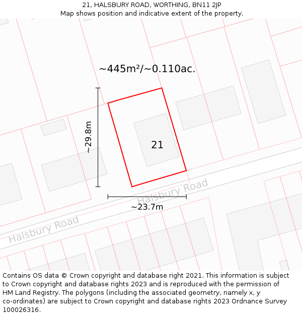 21, HALSBURY ROAD, WORTHING, BN11 2JP: Plot and title map