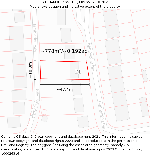 21, HAMBLEDON HILL, EPSOM, KT18 7BZ: Plot and title map