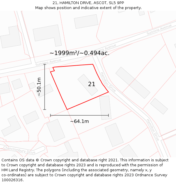 21, HAMILTON DRIVE, ASCOT, SL5 9PP: Plot and title map
