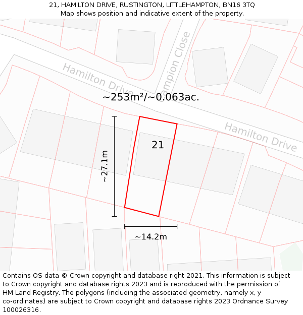 21, HAMILTON DRIVE, RUSTINGTON, LITTLEHAMPTON, BN16 3TQ: Plot and title map