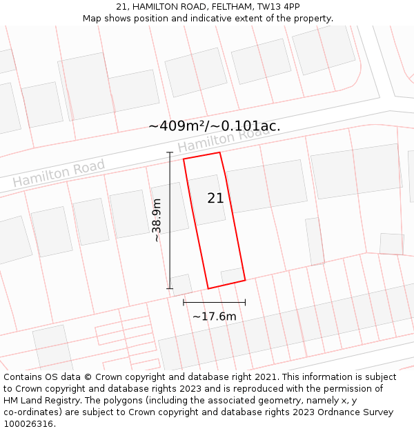 21, HAMILTON ROAD, FELTHAM, TW13 4PP: Plot and title map