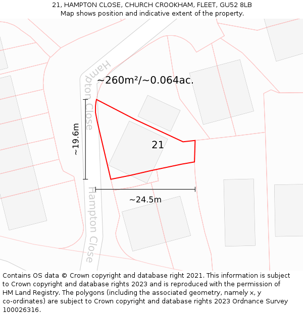 21, HAMPTON CLOSE, CHURCH CROOKHAM, FLEET, GU52 8LB: Plot and title map