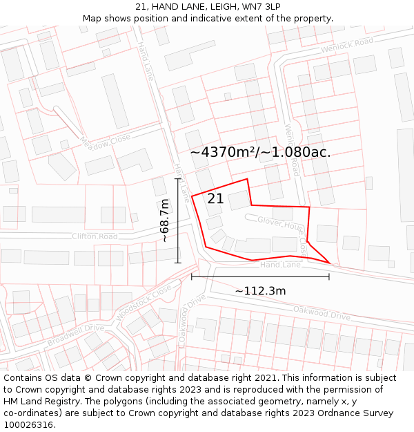 21, HAND LANE, LEIGH, WN7 3LP: Plot and title map