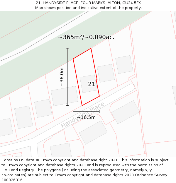 21, HANDYSIDE PLACE, FOUR MARKS, ALTON, GU34 5FX: Plot and title map
