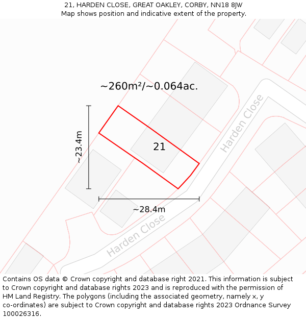 21, HARDEN CLOSE, GREAT OAKLEY, CORBY, NN18 8JW: Plot and title map