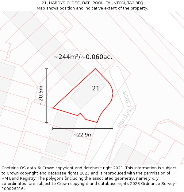 21, HARDYS CLOSE, BATHPOOL, TAUNTON, TA2 8FQ: Plot and title map