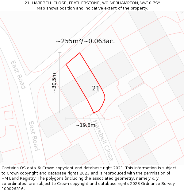 21, HAREBELL CLOSE, FEATHERSTONE, WOLVERHAMPTON, WV10 7SY: Plot and title map