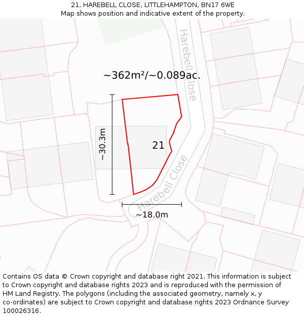 21, HAREBELL CLOSE, LITTLEHAMPTON, BN17 6WE: Plot and title map