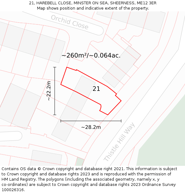 21, HAREBELL CLOSE, MINSTER ON SEA, SHEERNESS, ME12 3ER: Plot and title map