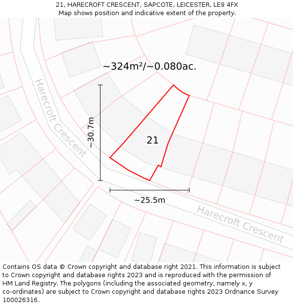 21, HARECROFT CRESCENT, SAPCOTE, LEICESTER, LE9 4FX: Plot and title map