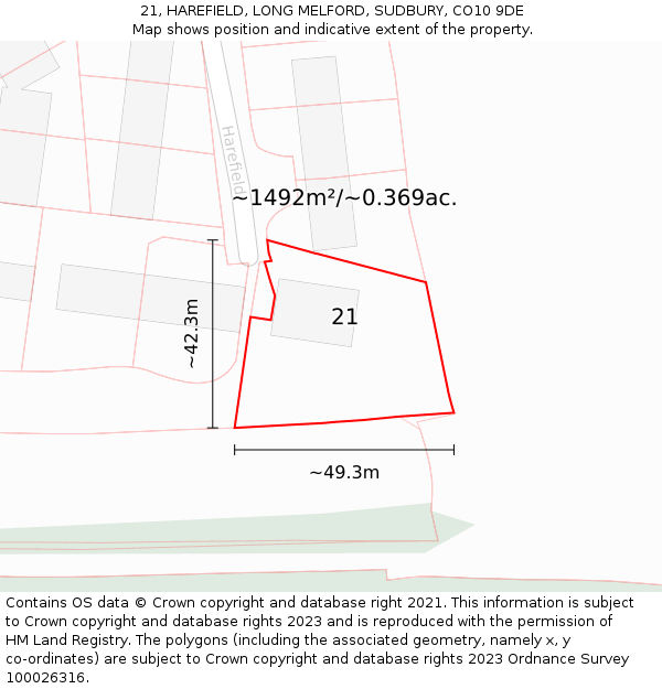 21, HAREFIELD, LONG MELFORD, SUDBURY, CO10 9DE: Plot and title map