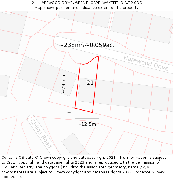 21, HAREWOOD DRIVE, WRENTHORPE, WAKEFIELD, WF2 0DS: Plot and title map