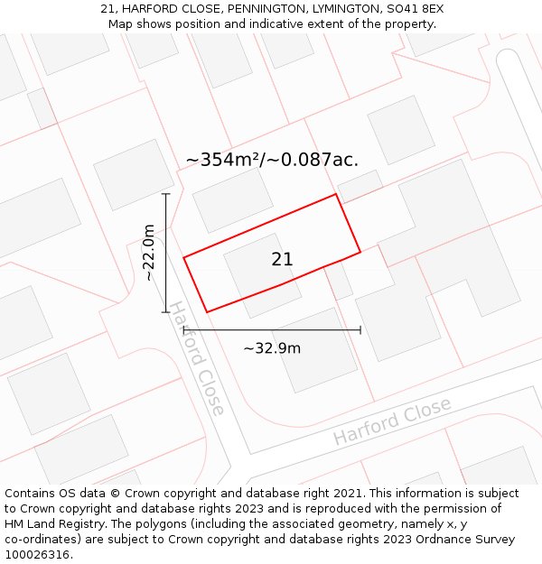 21, HARFORD CLOSE, PENNINGTON, LYMINGTON, SO41 8EX: Plot and title map