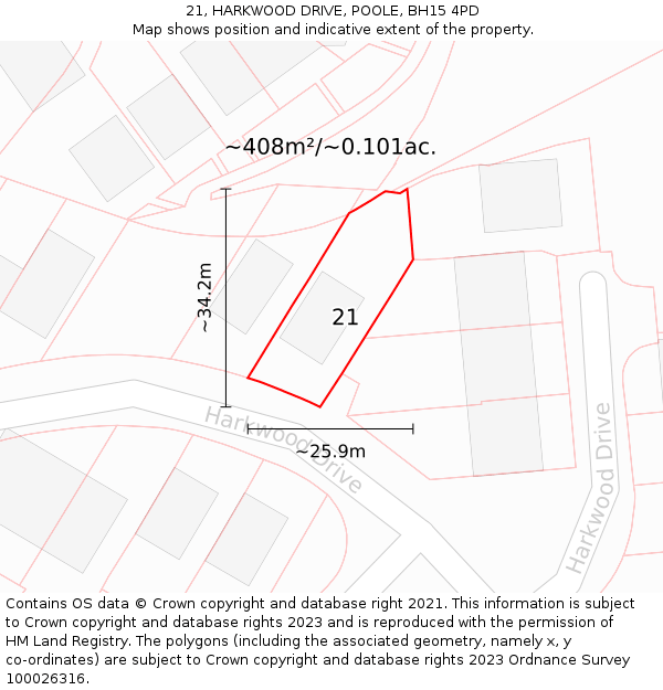 21, HARKWOOD DRIVE, POOLE, BH15 4PD: Plot and title map