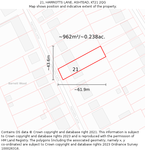 21, HARRIOTTS LANE, ASHTEAD, KT21 2QG: Plot and title map