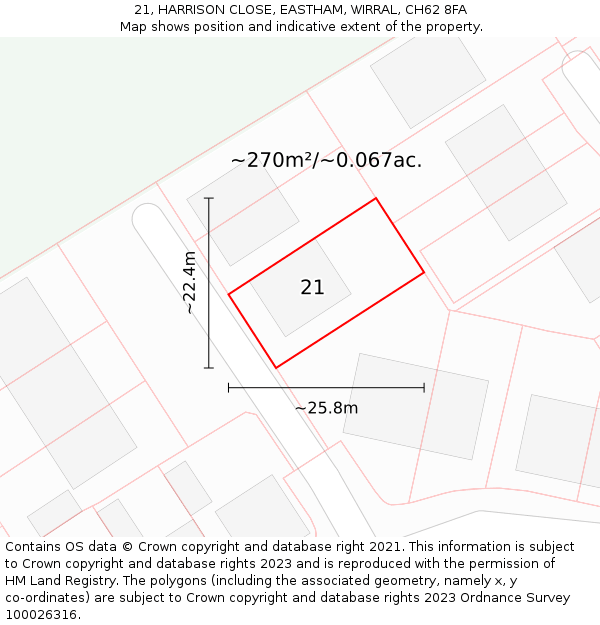 21, HARRISON CLOSE, EASTHAM, WIRRAL, CH62 8FA: Plot and title map
