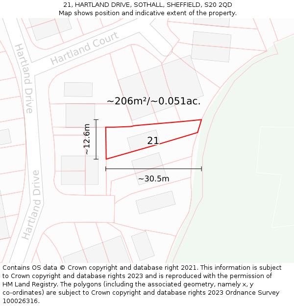 21, HARTLAND DRIVE, SOTHALL, SHEFFIELD, S20 2QD: Plot and title map